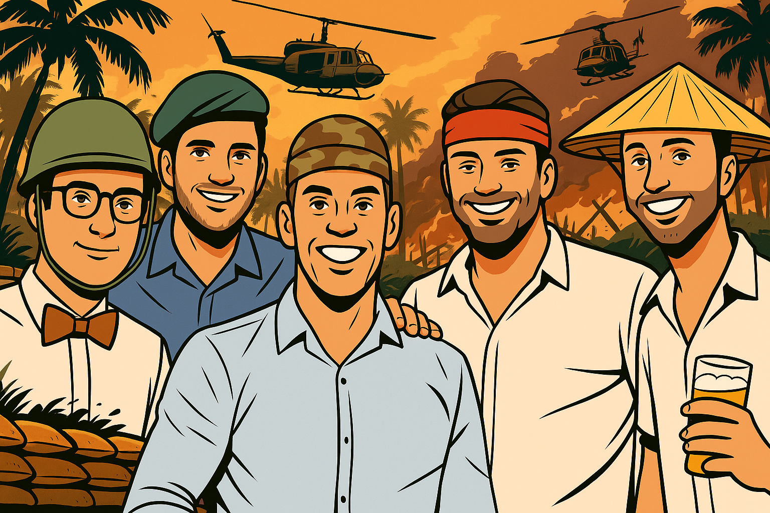 Five friends in Vietnam headgear (cell-shaded)