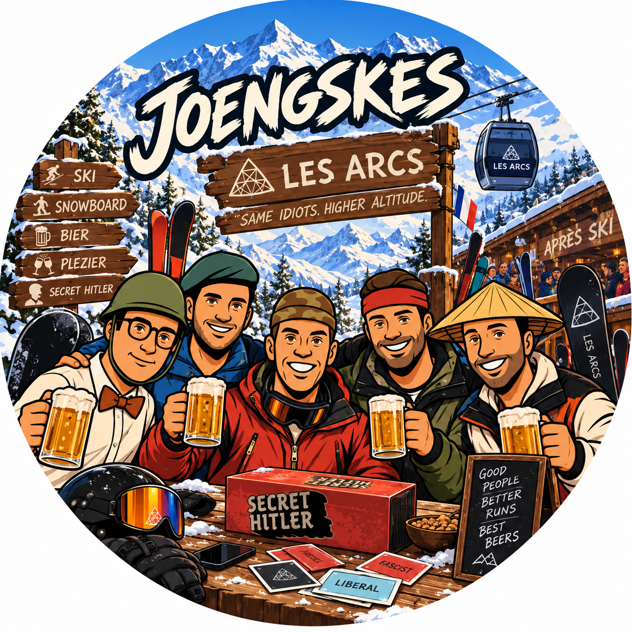 Joengskes in Les Arcs met ski's, bier en bergen